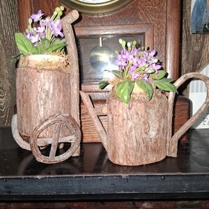 Rustic Brown Planter Set with Purple Flowers